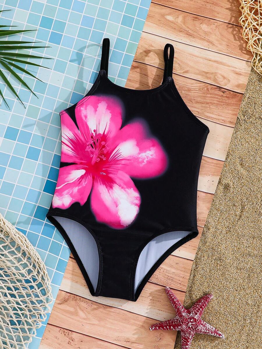 SHEIN Young Girls Floral Print Swimsuit - Black - View 1