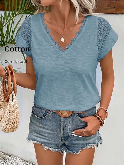 SHEIN Frenchy Women's Casual Solid Color Contrast Lace Short Sleeve T-Shirt, Summer,Summer Top