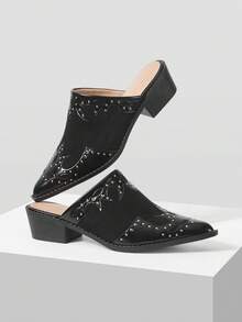 Mnmlis 女士尖头铆钉设计时尚百搭高跟穆勒鞋 - 黑色 - 查看 6