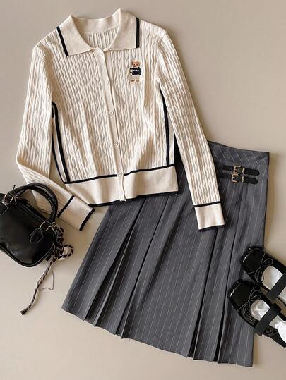 Muvela 春夏新款白色钩针编织撞色滚边前片贴片开衫，饰有泰迪熊图案，复古学院风 Y2K 时尚休闲款，适合办公室、度假、海滩、约会、派对、毕业典礼、返校等场合，百搭时尚。