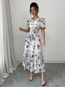 Modelyn Women's Woven Double Layer Printed Short Sleeve Midi Dress - Multicolor - View 7