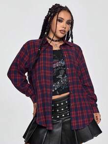 ROMWE Grunge Punk Plus Size Dark Punk Plaid Plus Size Boyfriend Style Shirt - Burgundy - View 2