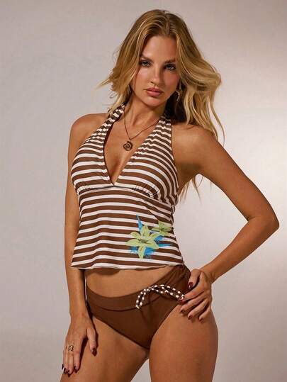 SHEIN Forever 21 Conjunto de traje de baño de 2 piezas de color verde a rayas con bloques de color para vacaciones en la playa para mujeres