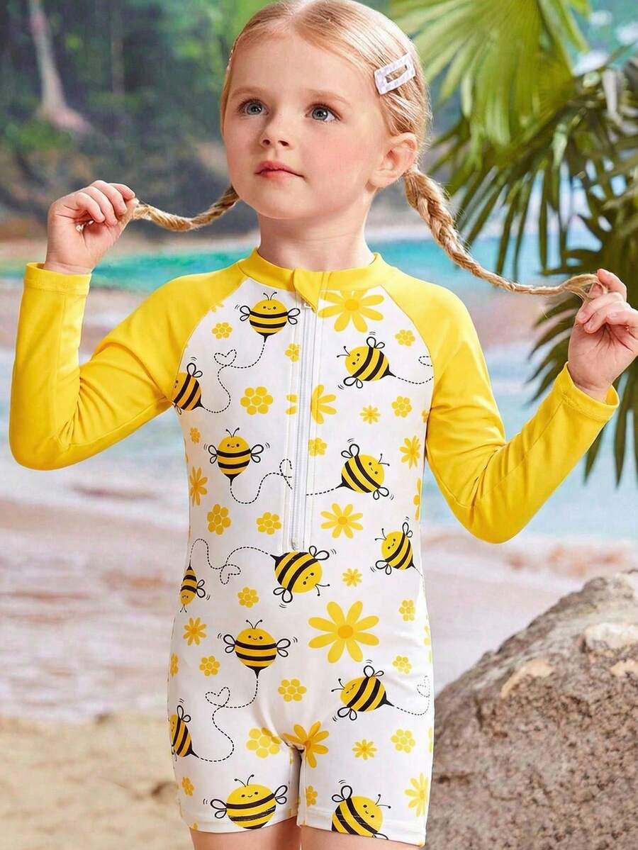SHEIN Playful Pals Young Girl One-Piece Swimsuit, Playful Style, Long Sleeve Yellow & White Bee & Flower Print, Half-Zip Design, Fashionable Casual Elegant Lady, Suitable For Swimming, Summer Vacation, Beach, Pool, Holiday Party Kids Rash Guard Girls Rash Guard Swimsuit Lemon Swimsuit Kids Kids Long Sleeve Swimsuit - Multicolor - View 1