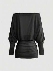 ROMWE Avant Sexy Spaghetti Strap Backless See-Through Off Shoulder Dress, Fashionable Festival Look - Black - View 2