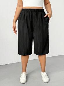 大码女装春夏时尚休闲宽松舒适日常百搭显瘦纹理面料黑色弹力腰五点裤，女式下装，夏季穿搭，曲线短裤 - 黑色 - 查看 5