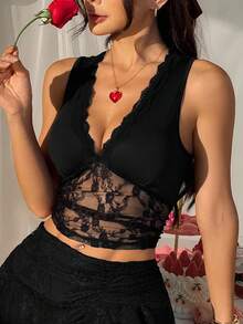 SHEIN EZwear Summer Elegant Women's Blouses Black Lace Deep V-Neck Cropped Sexy Versatile Camisole For Women - Black - View 6