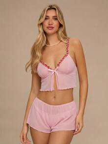 Enchnt 2件套女士花卉刺绣装饰网眼内衣套装，可爱 - 粉色 - 查看 4