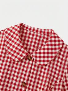 lacRébo 绿色格纹短袖纽扣外套，圆领设计，可爱复古风 - 紅白色 - 查看 9