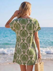 Wildy Summer Allover Print Notched Neck Batwing Sleeve Tunic Dress,Summer Dresses For Women - Green - View 2