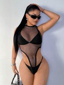 SHEIN SXY Women's Sexy Mesh Sheer High-Cut Hem Bodysuit, Summer - Black - View 8