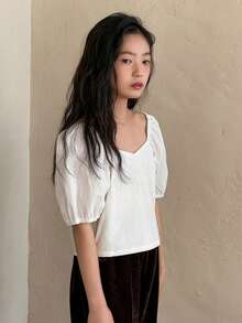 DAZY Tween Girl Solid Color Backless Bow Decor Casual Short Sleeve Blouse - White - View 3