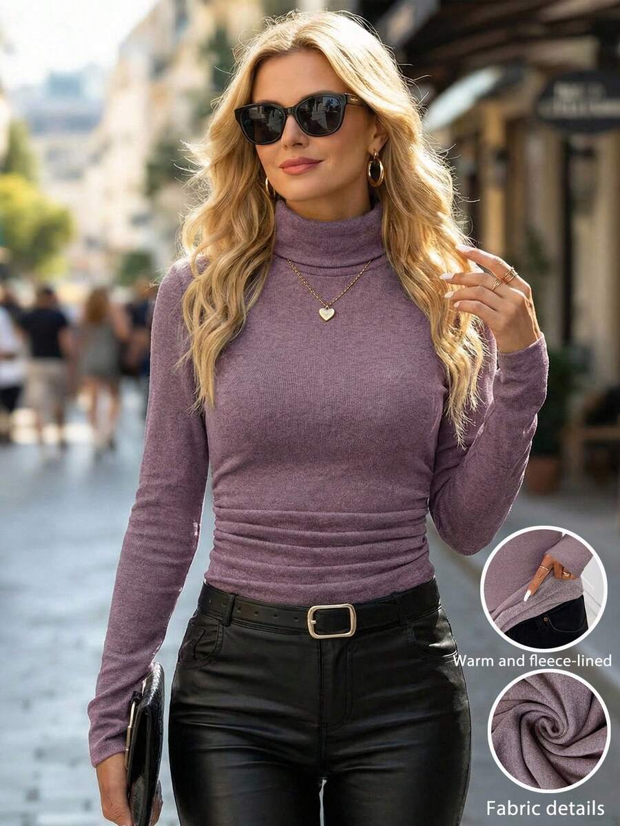 Editum Áo thun nữ cao cấp cổ cao, thắt eo, thanh lịch, phù hợp mặc hàng ngày và nhiều dịp, áo cổ lọ tay dài mùa thu/đông, áo cổ cao giả, áo tay dài dễ thương màu tím cho nữ mùa đông. - Màu xanh lam - Xem 1