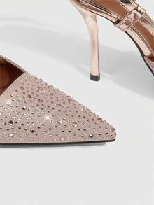 CUCCOO SZL Women's Pointed Toe Rhinestone Buckle Design Fashionable Luxurious Elegant High Heels For Christmas - Champagne PU - View 5