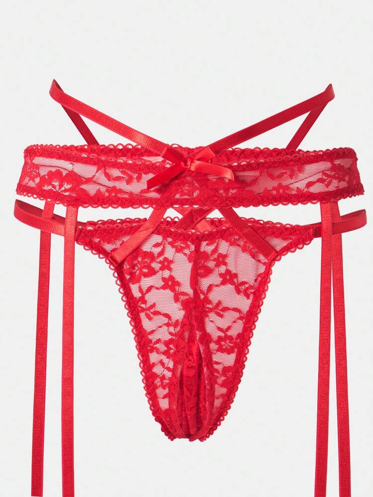 MISSGUIDED Delikatny, koronkowy, trzyczęściowy komplet bielizny z kwiatowym wzorem, biustonoszem na fiszbinach, pasem do pończoch i ozdobnymi ramiączkami