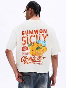SUMWON Camiseta casual de corte reto com estampa laranja Sicily nas costas, gola redonda, manga curta, em algodão confortável para o verão. - Damasco - Ver 1