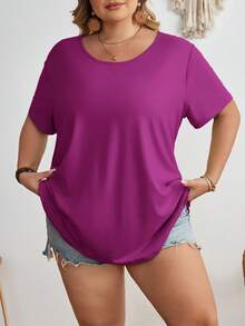 SHEIN CURVE+ 大码休闲纯色短袖T恤，夏季 - 中紫紅色 - 查看 8