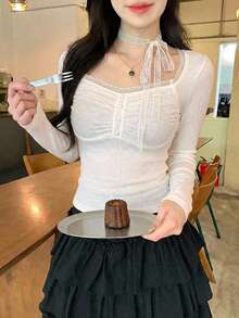 DAZY Women's Elegant Lace-Up Long Sleeve T-Shirt, Spring/Autumn - Apricot - View 4