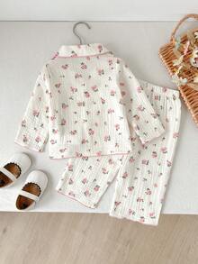 Cozy Pixies 2pcs Baby Girl Floral Print Lapel Collar Long Sleeve Cardigan And Elastic Waist Pants Set - Pink - View 2