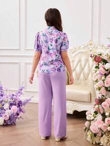 Elladie kids Tween Girl Floral Print Short Sleeve Shirt And Solid Color Pants Set Purple Top And Pants For Girls Purple Suits For Teen Girls Lavender Pants Suit Girls Floral Top And Pants Set Girls Floral Print Suit Children's Arab Clothing, Children's Islamic Children's Clothing, Children's Abaya Set Floral Top Lavender Pants Light Purple Pants Suit Lavender Pants Suit Tween Purple Two Piece Set Girls Tween Girl Matching Outfits Two Piece Set Teen Girls Girls Floral Top Purple Pants Sister Matching Outfits - Purple - View 2