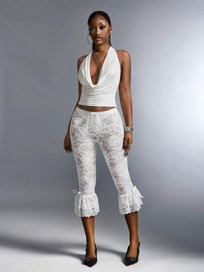 Amplova Y2K Women's Drawstring Waist Lace Ruffle Hem Versatile Casual 7/8 Pants Lace Bow Tie Semi-Sheer Lace Trim Multi-Layered Lace Sexy Tight-Fitting Pants Summer Outfit For Women Spring Women Beach Outfit Vacation Outfits Women Casual Outfit For Women Party Outfit