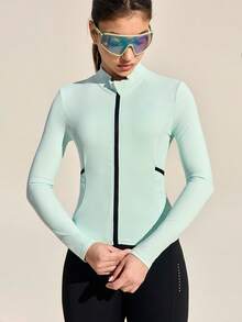 Exploreva Áo nữ dài tay cổ đứng, khóa kéo, kiểu dáng thường ngày, đa năng, thích hợp cho hoạt động ngoài trời, đạp xe. - màu xanh lá - Xem 6