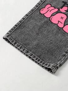 SHEIN ChillGRL Girls' Fashionable Sweet Heart Embroidery Straight Leg Loose Fit Jeans - Light Grey - View 5