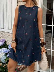 SHEIN Maternity Cherry Pattern Round Neck Sleeveless Casual Loose Denim Dress Spring To Summer Carnival Costume Commuting Vacation Graduation Chic Y2k Cute Streetwear Party Wedding Elegant Business Casual Woman Delightful Dark Wash Denim Dress With Cherry Embroidery Sleeveless Round Neck Casual Mini A-Line Style Blue - Blue - View 6