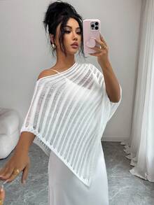 SHEIN Elenzya Loose Fit Striped Hollow-Out Shoulder Exposing Knit Sweater, Fashionable & Sexy For Women Asymmetrical Shoulder Mesh - White - View 6