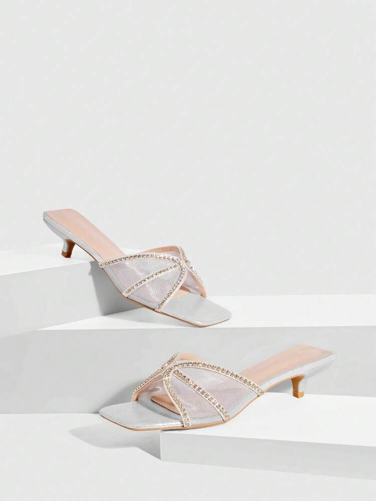 CUCCOO SZL Fashionable Square Toe Kitten Heel Pink Mesh Rhinestone Chain Slip-On Open Toe Dress Sandals, Elegant Ladies' Mid-Heel Mules Spring Shoes