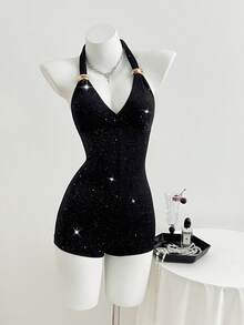 Elamini Women's Solid Color V-Neck Halter Sleeveless Fitted Jumpsuit - Black - View 5