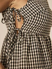 Aralina 女士格子方领系带娃娃裙夏季迷你连衣裙可爱情人节派对假日度假装扮Y2K斯德哥尔摩风格 - 黑與白 - 查看 4