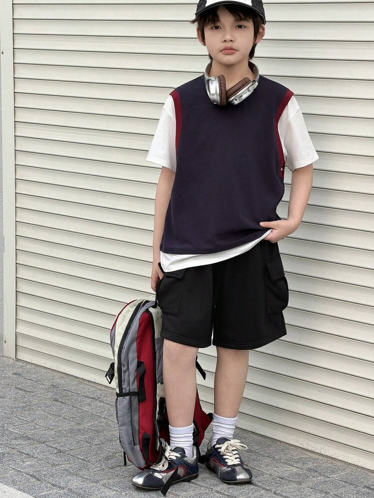 Tween Boy Solid Color Drawstring Waist Casual Cargo Shorts