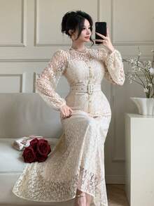 DAZY Women's Round Neck Lantern Sleeve Elegant Lace Dress Maxi Dress Sundress - Apricot - View 1