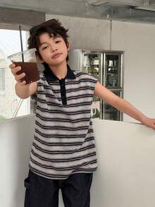 DAZY Áo thun tay ngắn cổ polo kẻ sọc dành cho bé trai tuổi teen - Màu xanh hải quân - Xem 4