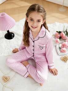 Tween Girls Pajamas-2 Piece Pajama Set Pink White Striped Satin Look Long Sleeve Button Up Top Notch Collar Chest Pocket Heart Embroidery Matching Pants Elastic Waist Four Seasons Holiday 2026 Must Have Sleepwear Loungewear Cozy Gift Ideal Bedroom Sleepwear Set Pink Striped Pajama Pink Pajama Sets - Pink - View 5