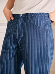 SWAVVY 条纹腰带环直筒宽松休闲牛仔裤 - 藍色 - 查看 4