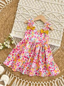 SHEIN Baby Girl Cute Floral Pattern Bow Strap Sundress, Summer Squishy Summer Outfits Summer Clothes Summer Dresses Vacation Spring Dresses Vacation Dresses - Multicolor - View 4