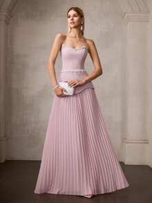 MOTF Soiréza Đầm maxi dự tiệc màu hồng thanh lịch không dây cho nữ, được trang trí bằng ngọc trai giả và đá pha lê, thiết kế dây buộc phía sau có thể điều chỉnh, thích hợp cho đám cưới, tiệc tối năm mới, tiệc trang trọng và tiệc cocktail, trang phục mùa xuân và mùa hè. - Bụi hồng - Xem 7