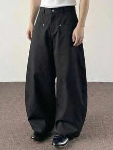 SWAVVY 男士纯色口袋休闲宽松阔腿裤 - 黑色 - 查看 4