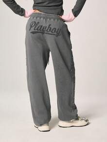 Missguided x Playboy Washed Studded Cuffed Jogger Sweatpants With Metal Studs And Bunny Logo Detail - Grey - View 1