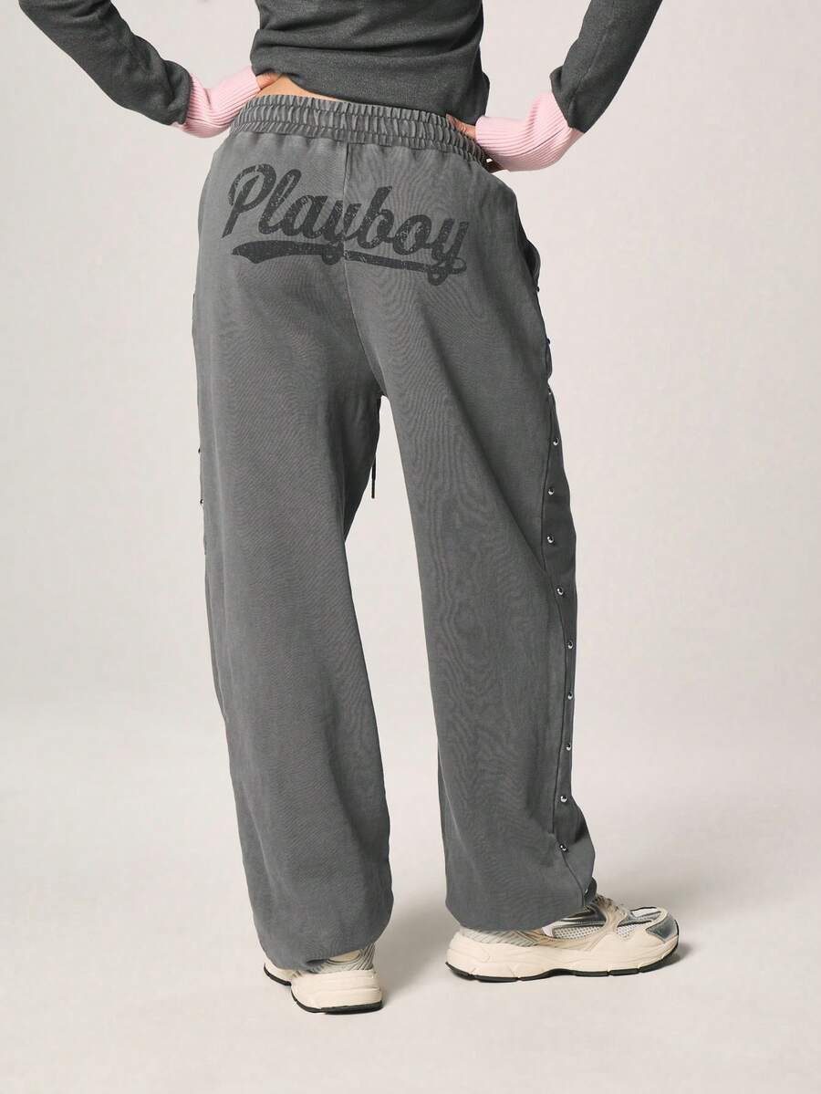 Missguided x Playboy Washed Studded Cuffed Jogger Sweatpants With Metal Studs And Bunny Logo Detail - Grey - View 1