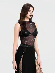 Breakform Women's Gothic Sexy Round Neck Mesh Printed Rose Skull Slim Fit Tank Top - Multicolor - View 1