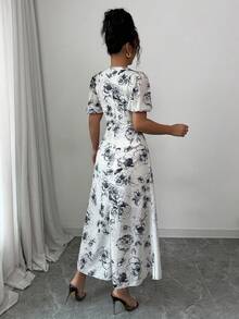 Modelyn Women's Woven Double Layer Printed Short Sleeve Midi Dress - Multicolor - View 2