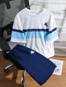 Vacaura 2件套青少年男童时尚蓝白T恤配蓝色短裤，面料柔软舒适，适合外出、拍照、上学及各种场合。 - 藍色 - 查看 6