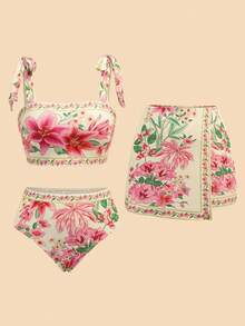 Travachic 女士印花时尚比基尼泳装套装，含配套半裙，适合夏季海滩、海滩、女士海滩装扮、海滩套装、外出、度假、女士度假装扮、假日、夏季、夏季服装、女士夏季装扮、情人节、狂欢节、狂欢节服装、派对、外出、外出装扮、休闲、优雅、Y2K、花朵、白色、红色、粉色 - 彩色 - 查看 1