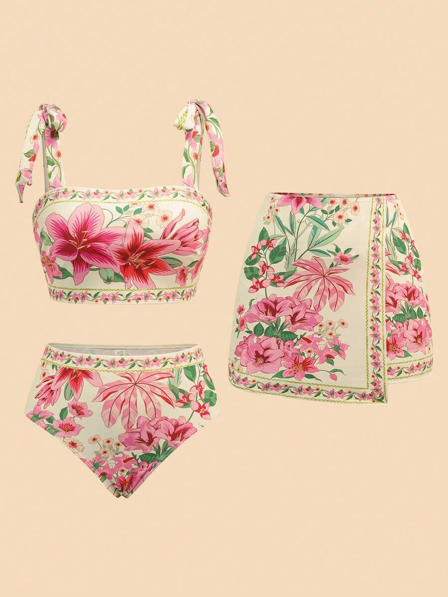 Travachic 女士印花时尚比基尼泳装套装，含配套半裙，适合夏季海滩、海滩、女士海滩装扮、海滩套装、外出、度假、女士度假装扮、假日、夏季、夏季服装、女士夏季装扮、情人节、狂欢节、狂欢节服装、派对、外出、外出装扮、休闲、优雅、Y2K、花朵、白色、红色、粉色 - 彩色 - 查看 1