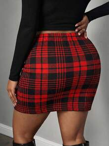 SHEIN PETITE CURVE 加大码格纹开衩修身半身裙 - 酒紅色 - 查看 2