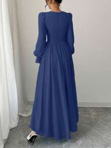 Modelyn Gaun Pesta Panjang Elegan Wanita Warna Polos dengan Ikat Pinggang dan Detail Kerut - Royal Blue - View 2