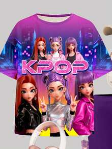 2件套少女卡通人物图案宽松圆领短袖T恤和紧身骑行短裤，春夏日常休闲外出套装 - 彩色 - 查看 4